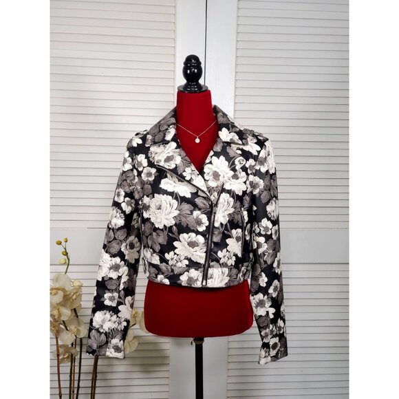 Sam Edelman Moto Jacket Floral Print Vegan Leather Gray Black White Size M 1823 - Picture 2 of 13